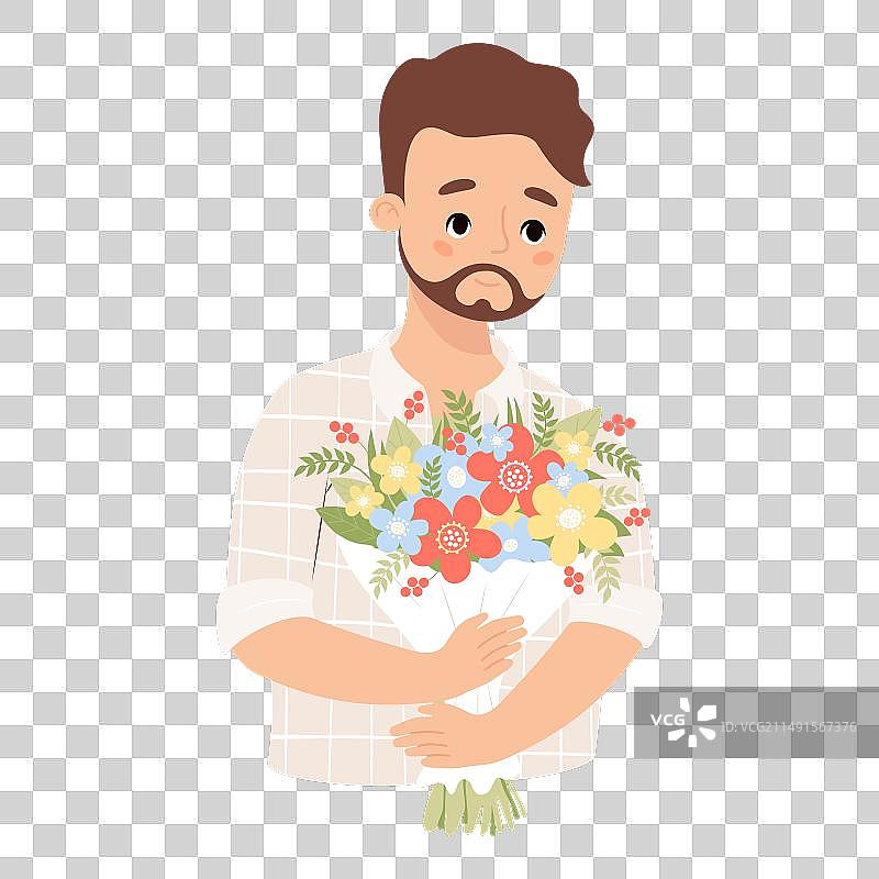 手捧鲜花的可爱的白人胡须男图片素材