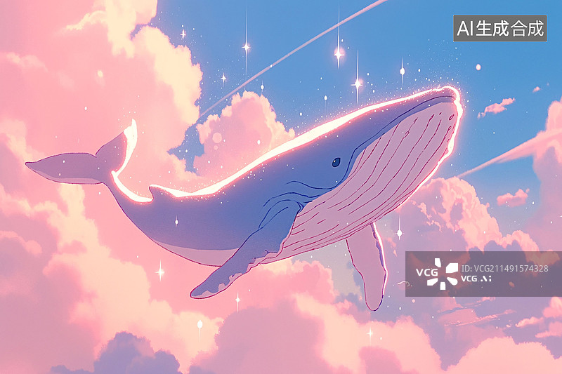 【AI数字艺术】梦幻童话中的鲸鱼插画，世界海洋日概念插图图片素材