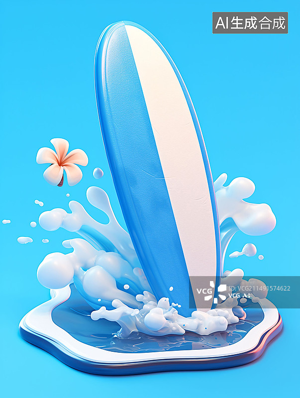 【AI数字艺术】夏天海边冲浪度假3D插画，小暑节气户外运动概念插图图片素材