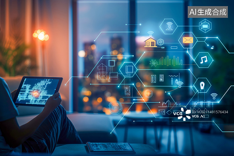 【AI数字艺术】智慧家居概念一个人坐在沙发上操控智能家居系统图片素材