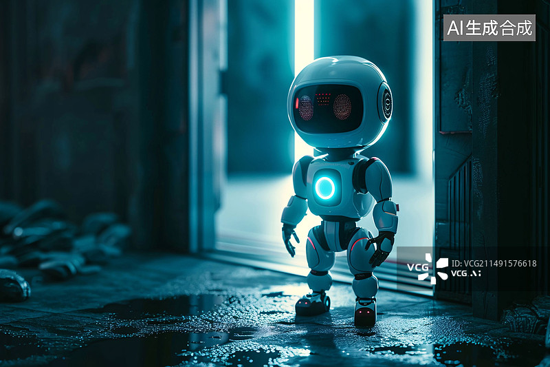 【AI数字艺术】机器人穿过未来大门，科幻未来金属场景插图图片素材