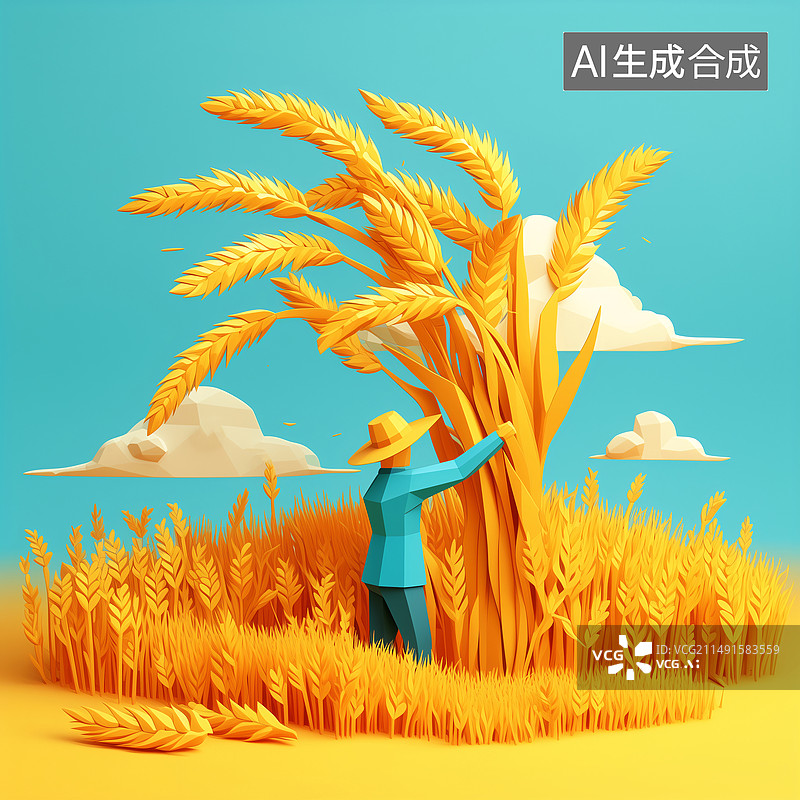 【AI数字艺术】农民伯伯抱着一捆大大的麦穗麦田粮食丰收3D插画图片素材