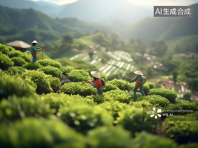 【AI数字艺术】茶农在茶园劳作微距移轴摄影场景图片素材