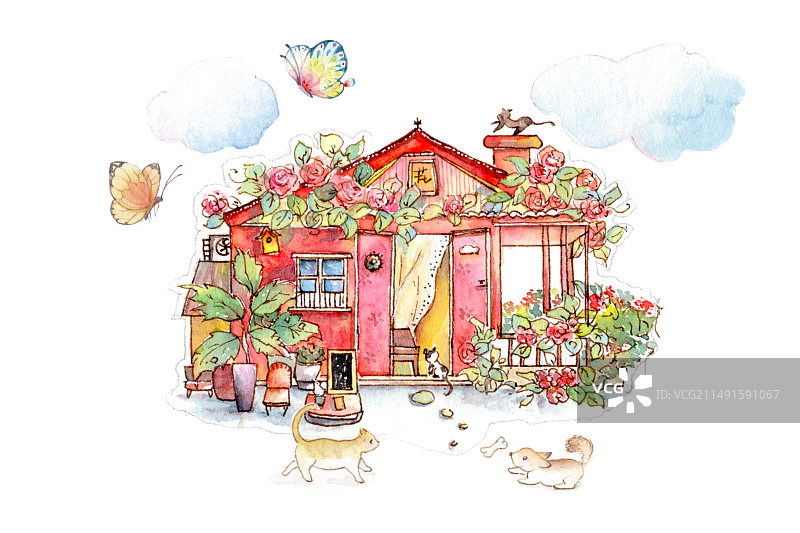 可爱水彩风植物花卉风景房屋设计户外建筑自然街道绘画插画图片素材