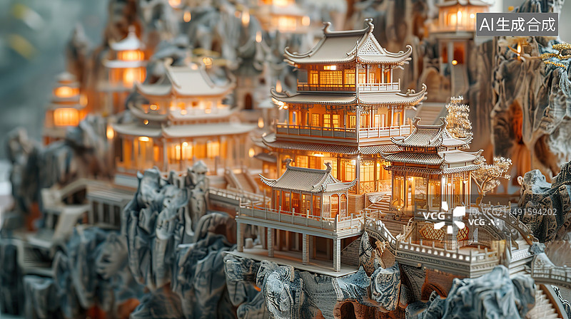 【AI数字艺术】悬崖上的中国寺庙，中国风图片素材