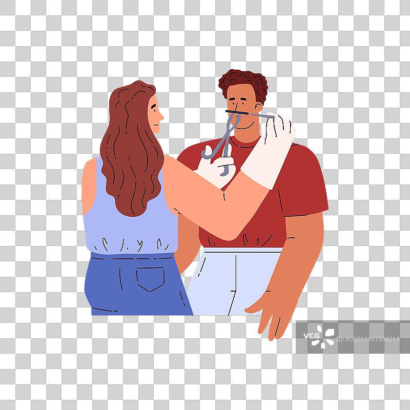 女人为男孩做鼻钉图片素材