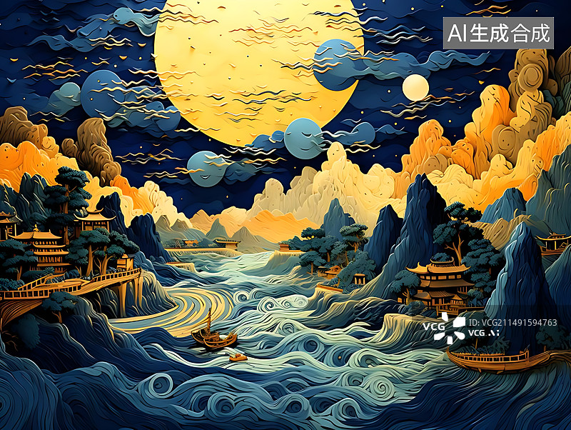 【AI数字艺术】充满中国元素的江山数字化插画图片素材