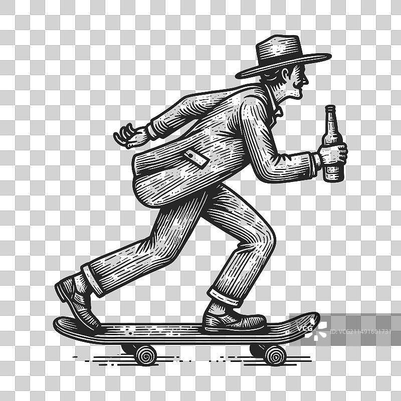 在滑板上醉酒的男人雕刻素描图片素材