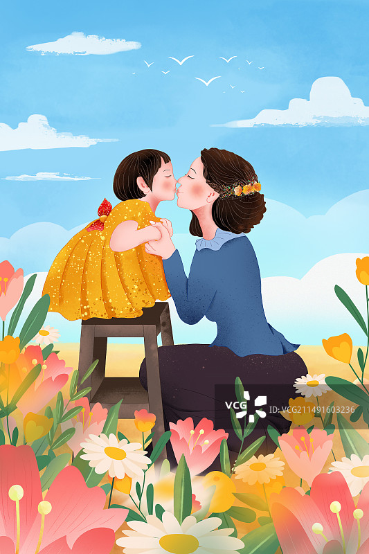 2024传统节日母亲节 小女孩亲吻妈妈 花丛中的一对年轻母女 背景是蓝天白云 竖版图片素材