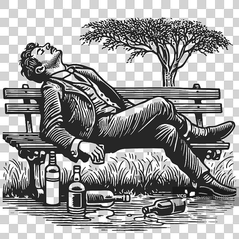 醉酒男子睡在公园长椅上图片素材