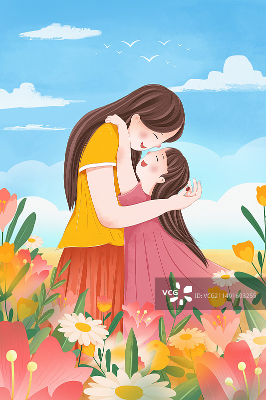 2024传统节日母亲节 小女孩拥抱妈妈 花丛中的一对年轻母女 背景是蓝天白云 竖版图片素材