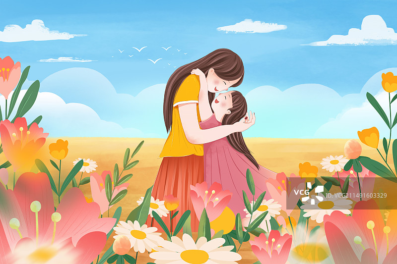 2024传统节日母亲节 小女孩拥抱妈妈 花丛中的一对年轻母女 背景是蓝天白云 横版图片素材