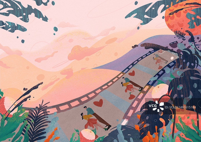 休闲七夕浪漫回忆扁平风粉色场景插画图片素材