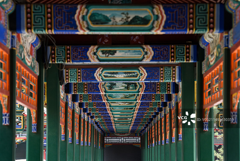 北京中山公园长廊回廊画壁特写图片素材