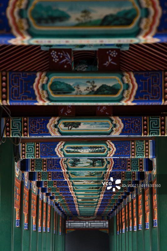 北京中山公园长廊回廊画壁特写图片素材