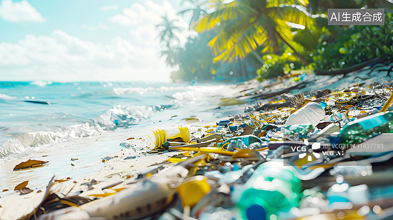 【AI数字艺术】AIGC:海岸线的的垃圾，塑料瓶，环境保护， 背景 插图插画图片素材