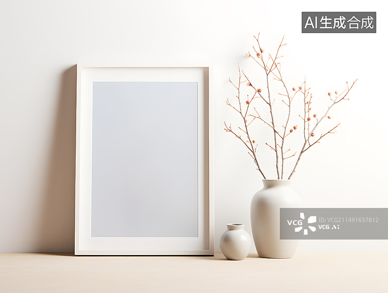 【AI数字艺术】AIGC:靠墙桌子上的空白木质相框和盆栽植物，现代，商务，背景 插图 插画图片素材