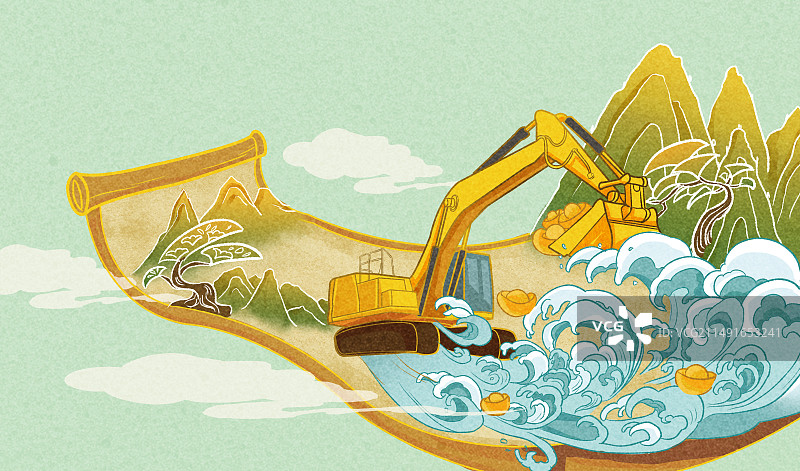劳动节挖掘机招财国风插画图片素材