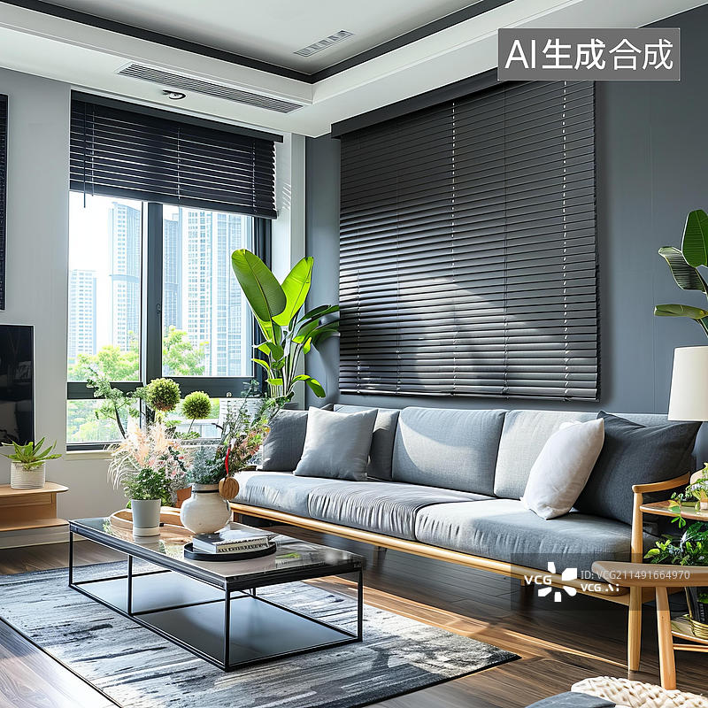 【AI数字艺术】现代客厅室内设计落地窗灰色沙发图片素材