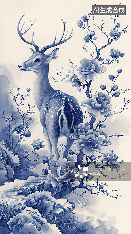 【AI数字艺术】唯美青花瓷风单色线描鹿插画图片素材