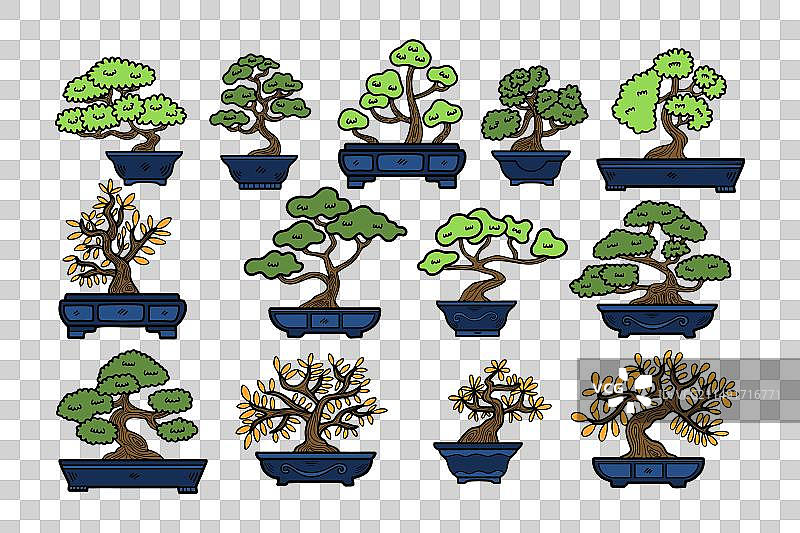 手绘日式和中式盆景图片素材