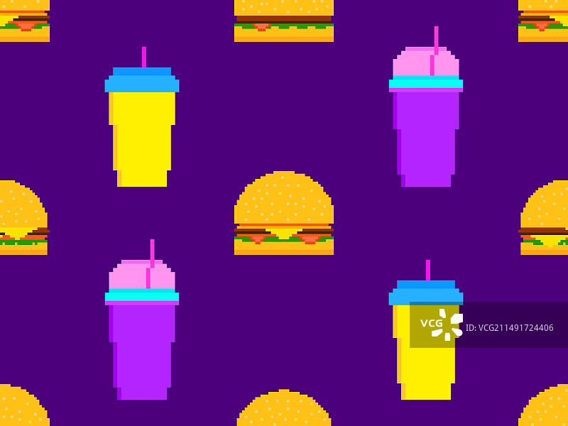 像素汉堡和苏打无缝图案图片素材
