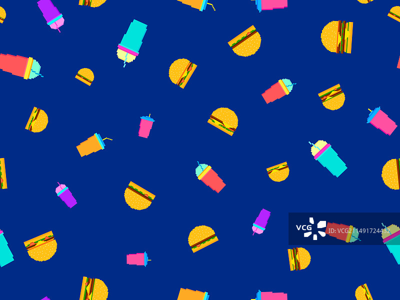 像素汉堡和苏打无缝图案图片素材