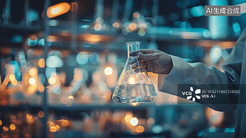 【AI数字艺术】生物化学实验人员拿着实验试剂瓶图片素材