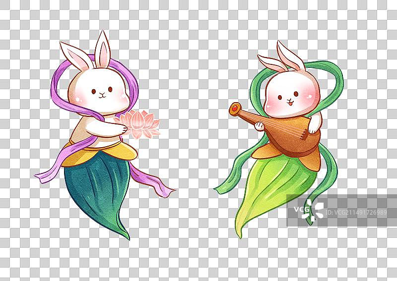 手绘古风兔子飞天拟人元素图片素材