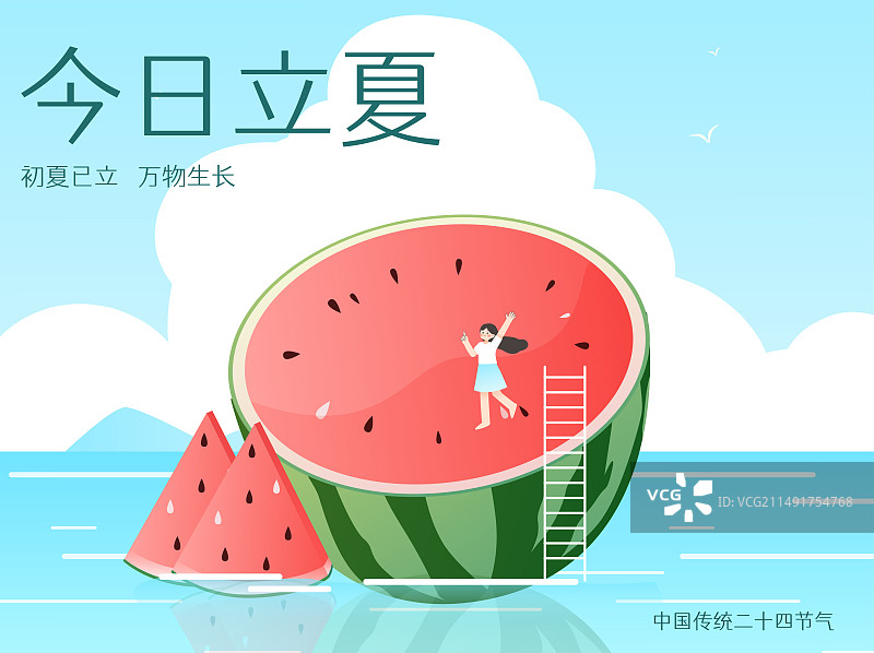 立夏海报模版夏天大海上西瓜图片素材