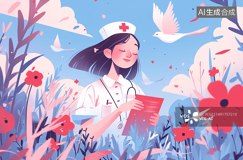 【AI数字艺术】女护士劳动节在花丛中插画，国际护士节医疗健康插画图片素材