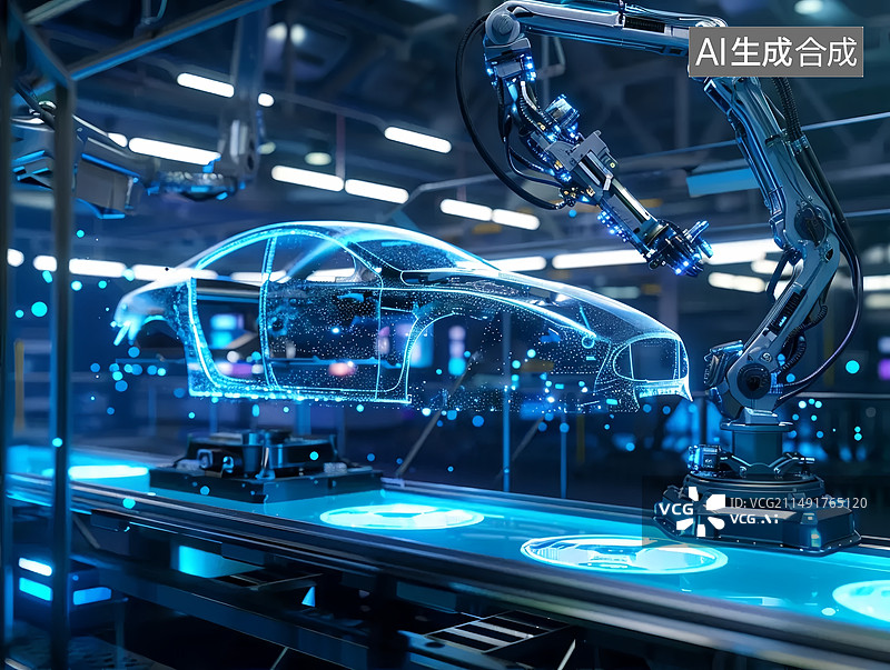 【AI数字艺术】未来汽车装配中心生产线机器臂科技粒子背景图片素材