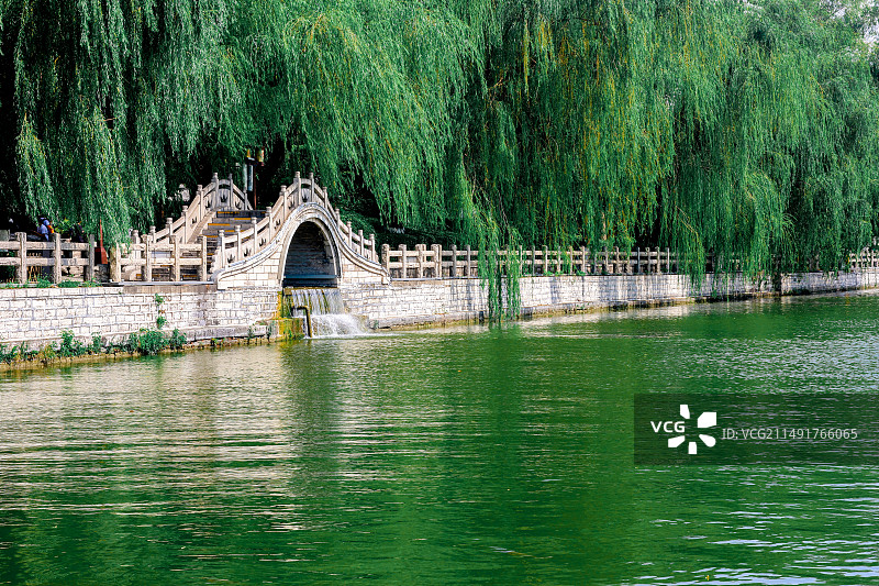 公园小桥柳叶流水图片素材