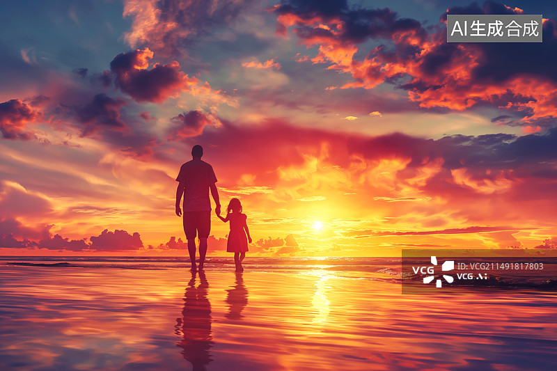 【AI数字艺术】一个年轻爸爸牵着孩子的手在海边看日出图片素材