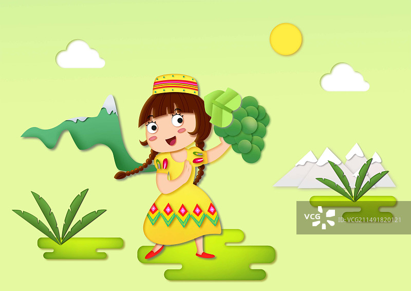 插画扁平剪纸风黄色衣服维族女孩和葡萄太阳山丘图片素材