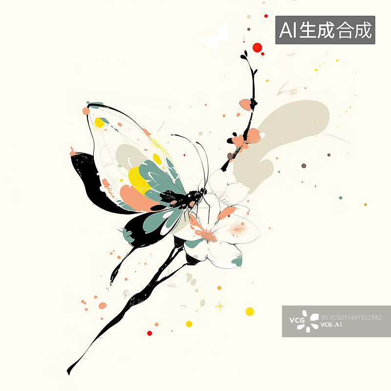【AI数字艺术】极简插图，蝴蝶与花，创意画，简约画图片素材