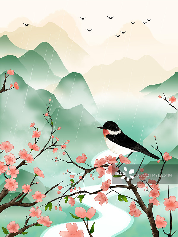 清明时节的远山和鸟儿图片素材