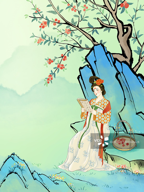 手绘中国风古风插画素材，夏天户外山水间，唐朝汉服女子坐在荔枝树下看书与品尝荔枝。图片素材