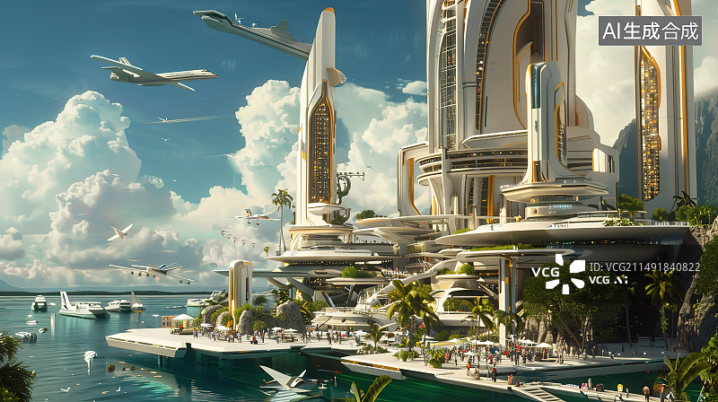 【AI数字艺术】豪华游艇码头与城市天际线图片素材