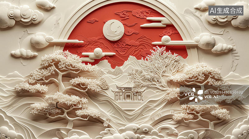 【AI数字艺术】中国剪纸艺术亭台楼阁山水图图片素材