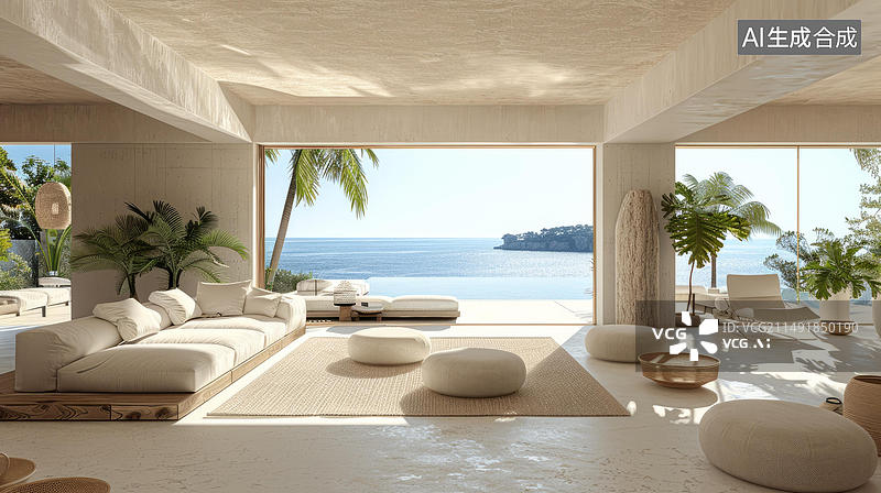 【AI数字艺术】现代滨海住宅室内与海景客厅图片素材