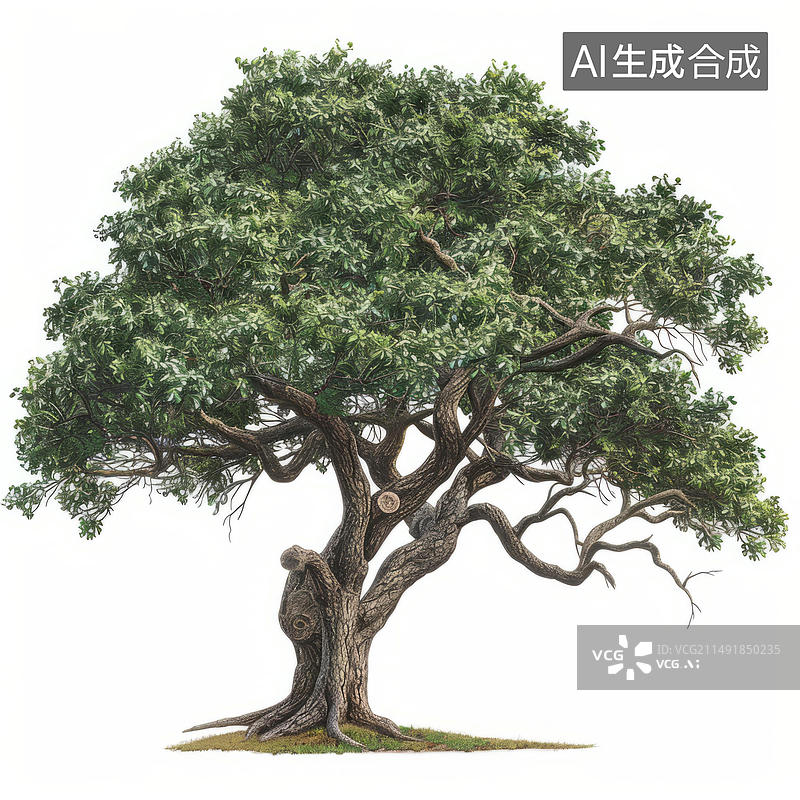 【AI数字艺术】一棵古老的大树插图树干弯曲绿叶茂盛图片素材
