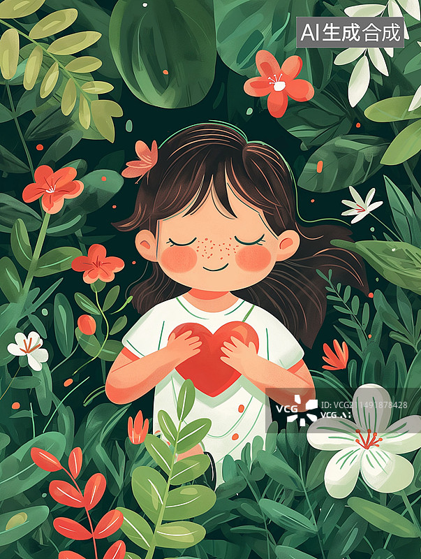 【AI数字艺术】扁平风花草植物丛中抱着爱心的女孩图片素材