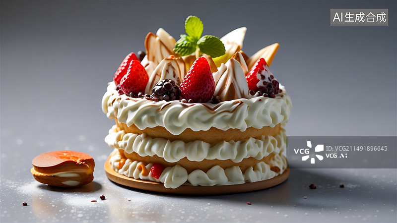 【AI数字艺术】桌上水果蛋糕特写镜头 纯色背景图片素材