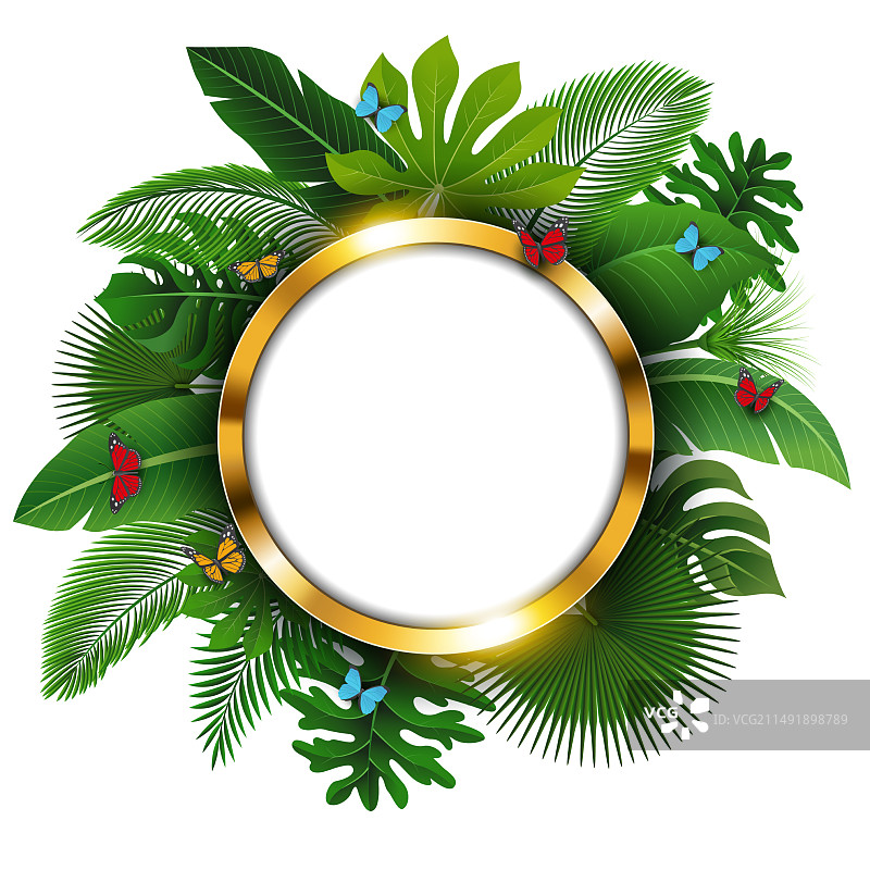 带热带文字空间的圆形金色banner图片素材