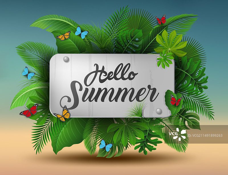 你好夏天 热带树叶标志图片素材
