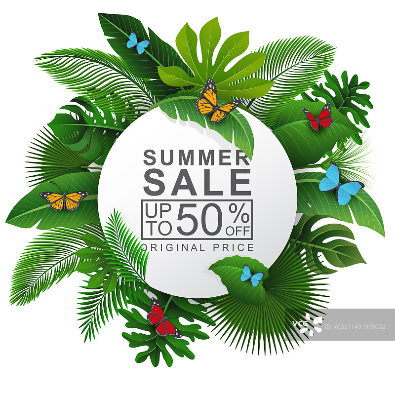 带有热带树叶和夏季促销的圆形标志图片素材