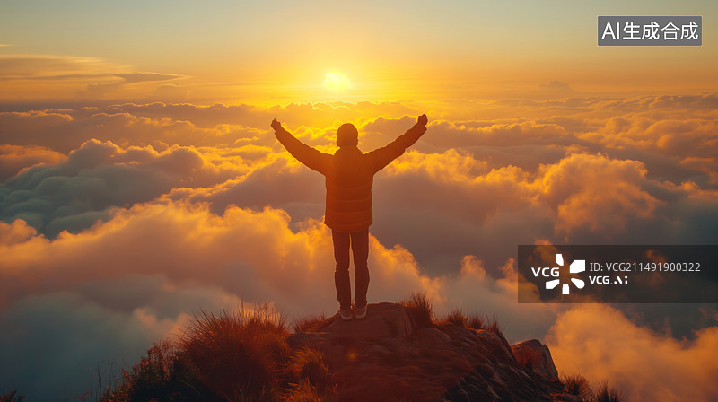 【AI数字艺术】早晨一个人站在山顶看日出云海图片素材