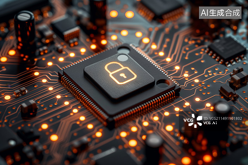 【AI数字艺术】一个集成电路板电脑芯片上印着锁的图案图片素材
