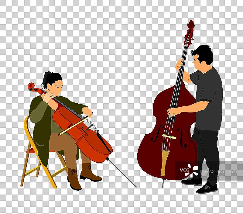 音乐二人组：女大提琴手和男低音提琴手图片素材